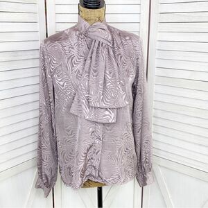 Vintage Alexandria Satin Jacquard Blouse‎ Dusty Mauve 10 Bow Neck Pussybow